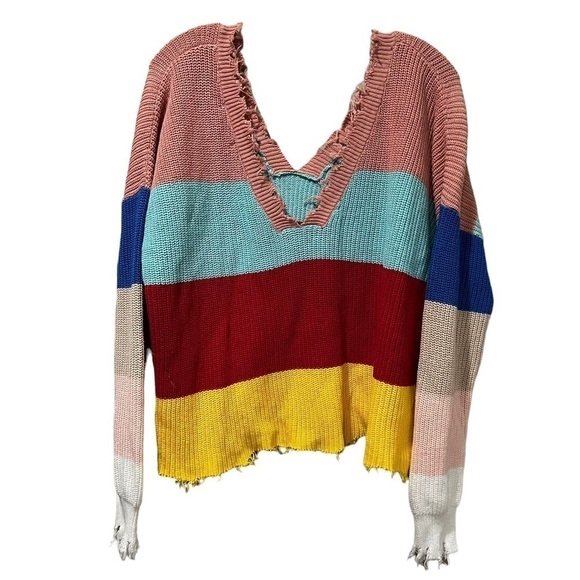 Sandoval Medium Color Block Stripe Raw Hem Long Sleeve V Neck Sweater Top R1 - Picture 3 of 5